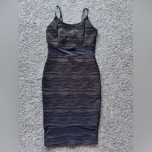 Papaya Black Midi Dress with Metallic Gold Wave Accents